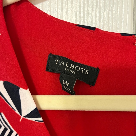 Talbots 14P Red Beach Umbrella Print V Neck Short Sleeve Fit Flare Midi Dress - Picture 3 of 9